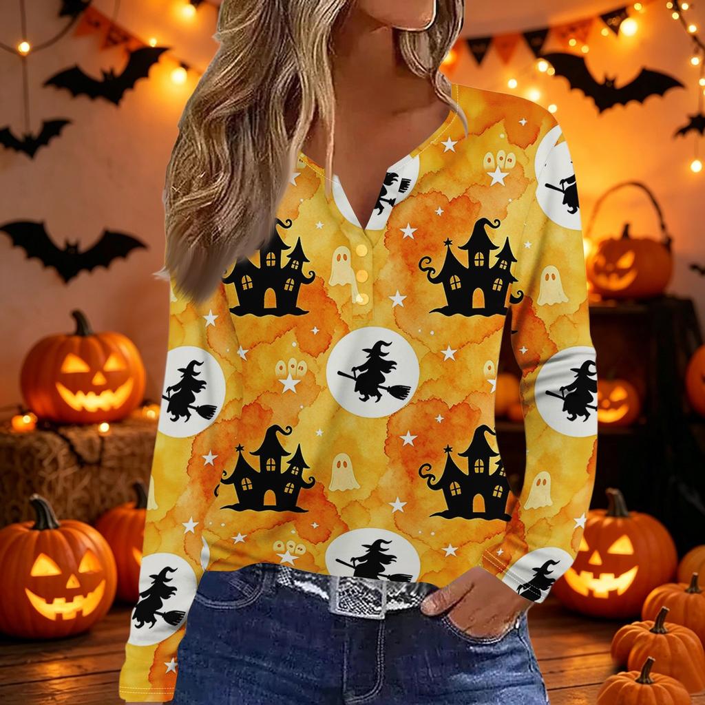 Women’s Casual Halloween Printed V Neck Decorative Button Long Sleeve T Shirt Top with Pumpkin and Candy Pattern
