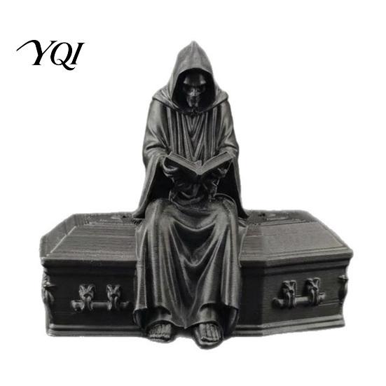 Gothic Home Decor 3D Printed Reading Skeleton Figurine, Hooded Reader Statue, Collectible Figurines Spooky Desktop Ornament for Office Bookshelf