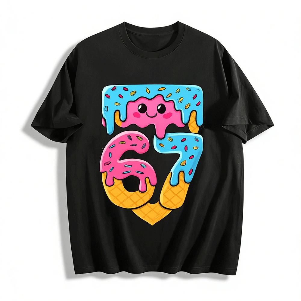 Cute Ice Cream Drip Number 67 Print Casual T-Shirt Pure cotton T-shirt XXS