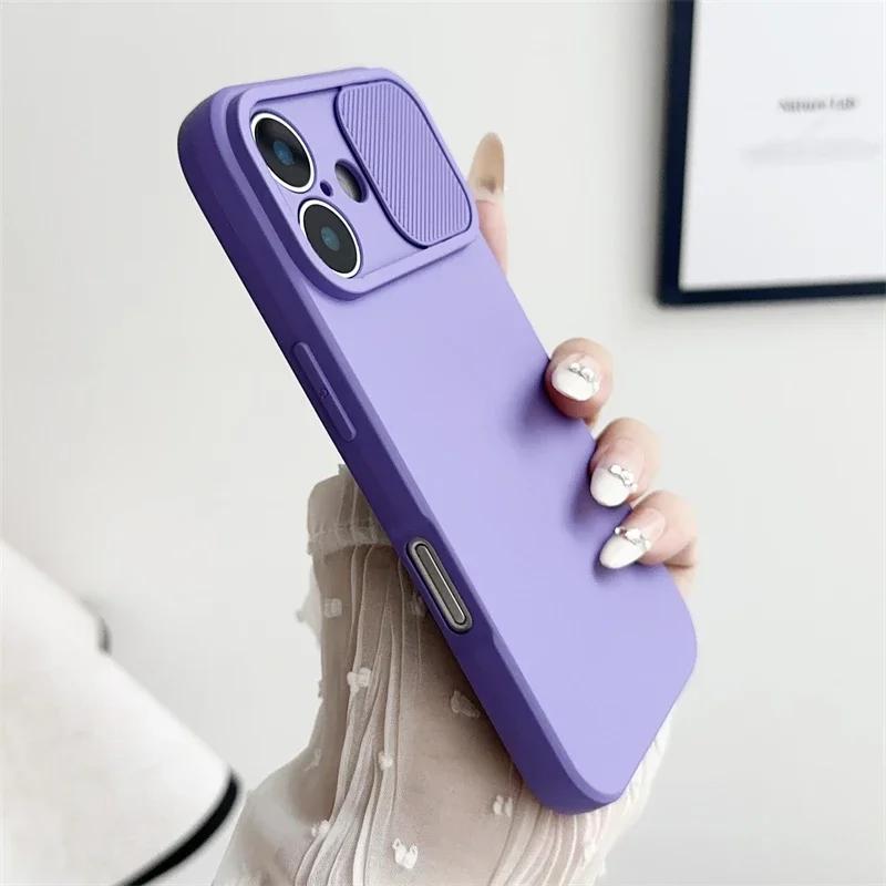 Slide Camera Lens Protection Cover for IPhone 16E 16 15 14 Plus 13 12 11 Pro XS XR Max 8 7 Phone Case Shockproof Soft Silicone