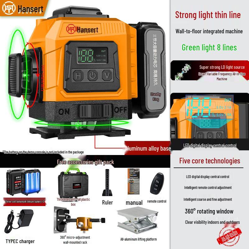 16-line High Precision Green Laser Level with Automatic Leveling for Indoor/Outdoor Use