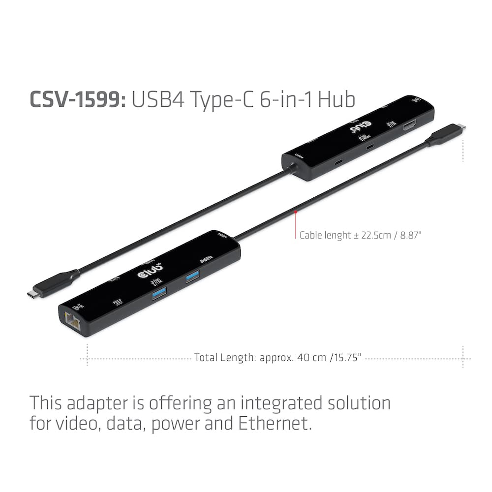 Club 3D USB4 Gen3x2 Hub HDMI 8K60Hz or 4K120Hz 2xUSB Ethernet 1xUSB 1xUSB Charging 100W Type-C 6-in-1 / Type-A (10G) / RJ45(2.5G) / Type-C Data(10G) /