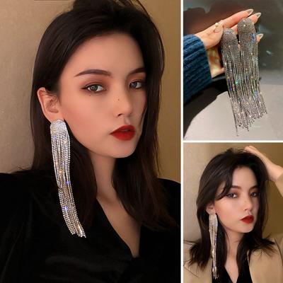 1 Çift Sarkıt Küpe Parlak Uzun Püsküllü Tamamı Rhinestone Mizaç Işıltılı Giydirme Hediye