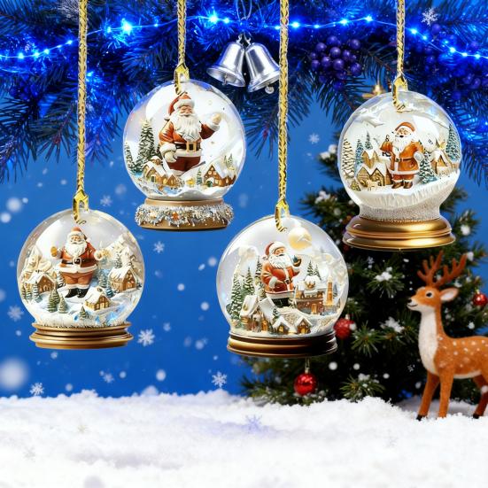 Yousheng 4Pcs Christmas Santa Glass Ball Ornament Winter Holiday Party Xmas Tree Hanging 2D Acrylic Santa Claus Snow House Ball Decoration