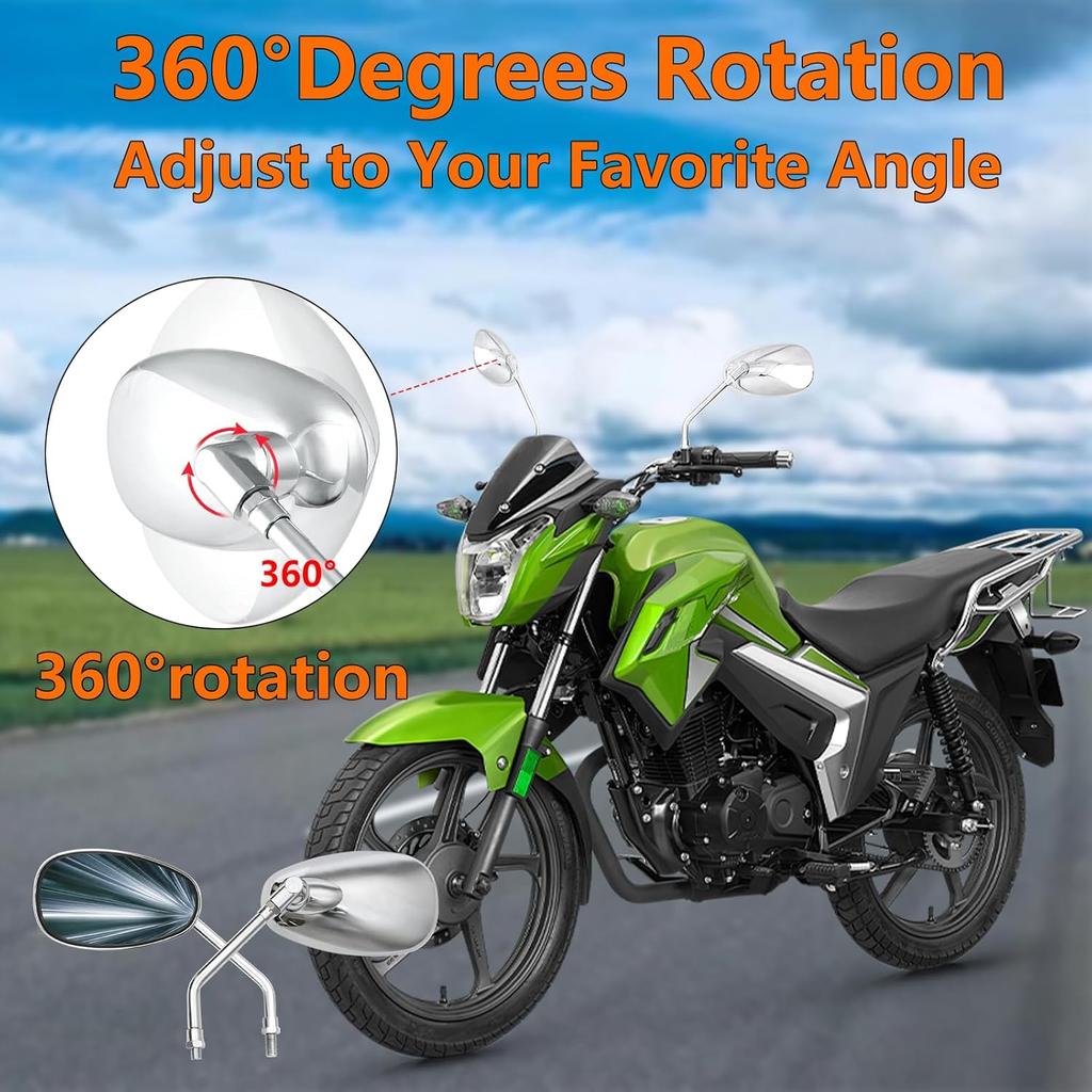 Universal 10mm Chrome Rearview Mirrors Oval 360 Degree Adjustable Side Mirrors Fit Street Bike Cruiser Touring Chopper Scooter GY6, for Honda