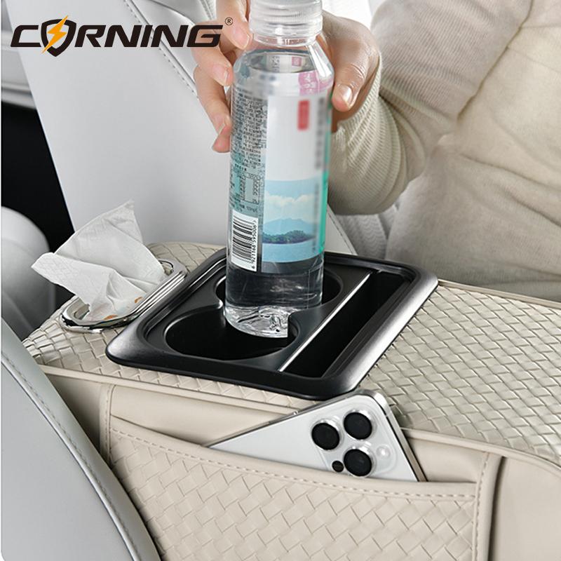 Car Center Console Armrest Cushion PU Leather with Cup Holder Tissue Box Universal Style 7.5CM Thicken Height Car Armrest Pad