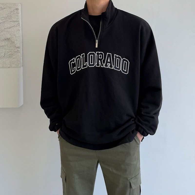 

Myq Half-High Collar Sweatshirt for Men 2022 Spring Letter Print Jacket Korean Style Trendy Brand Loose Long-Sleeve Base Shirt Black (with Velvet Lining, Randomly Distributed) L
