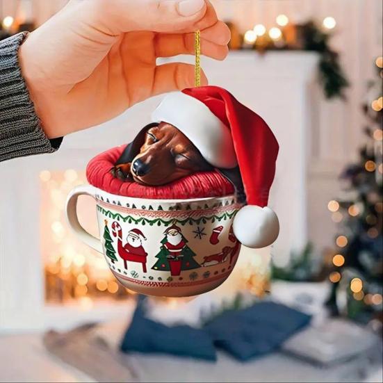 Dachshund Christmas Ornament Puppy In Mug Christmas Tree Ornament 2D Acrylic Dachshund Hanging Decor Gifts for Dog Lovers