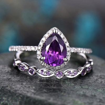 Huajie 2pcs/set Purple Sparking Cubic Zirconia Wedding Rings for Women Charming Party Gift Ring  Trend