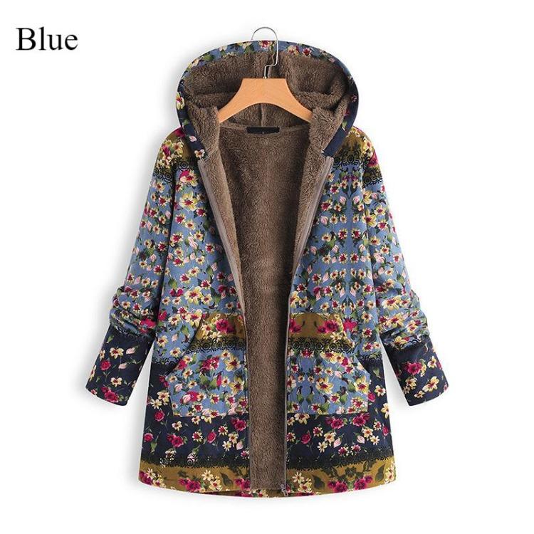 Damenmode mit Kapuze, warm, Reißverschluss, gefüttert, verdickt, langer Baumwollmantel, bedruckt, große Größe für Herbst Winter