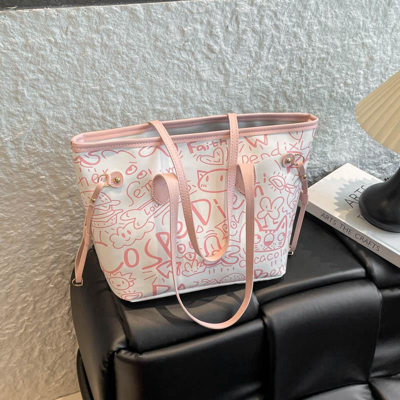 

Летняя новая повседневная универсальная студенческая сумка-тоут большой вместимости, сумка через плечо, холщовая сумка с граффити, женская розовый