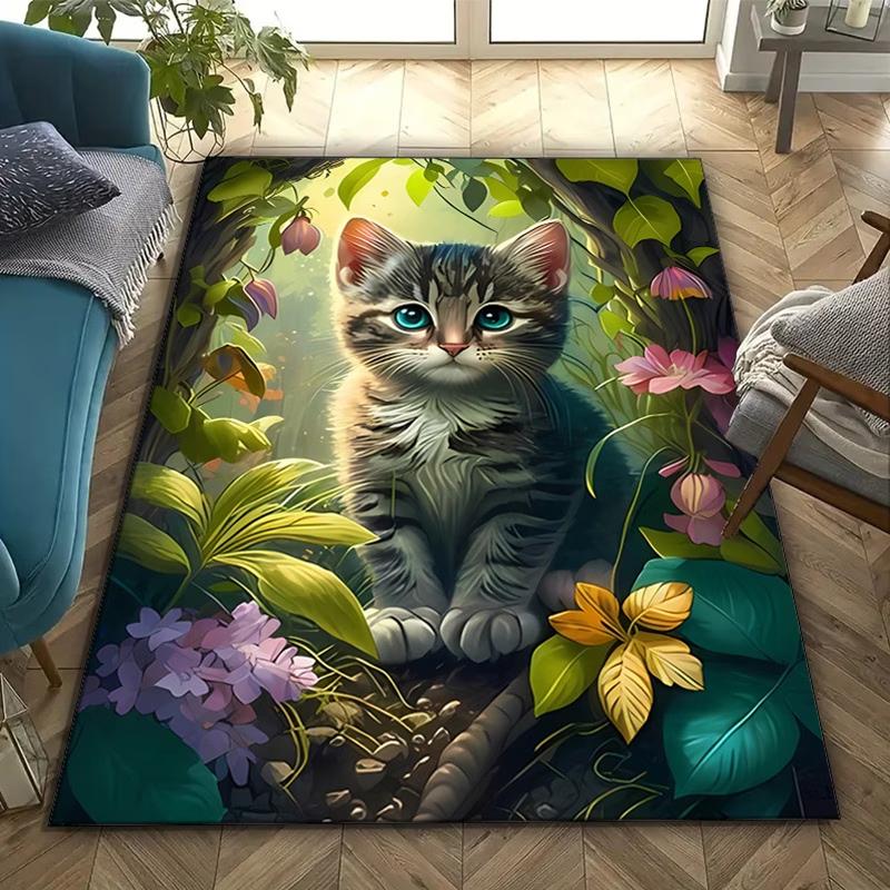 2D Kitten Forest Area Rug for Bedroom Living Room Office Non Slip Washable Floor Mat Home Decorative Soft Carpet for Indoor Use