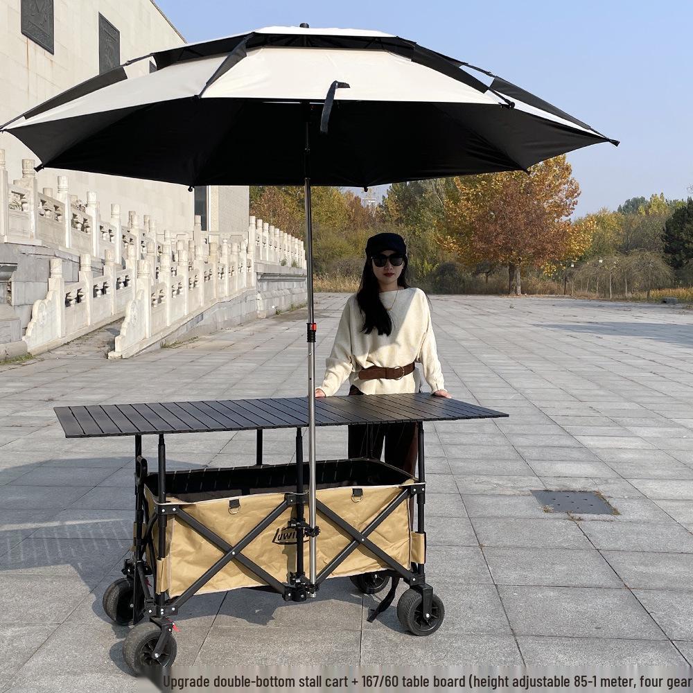 Adjustable Folding Handcart with Umbrella, Elevated Canopy & Table Top for Street Stalls or Camping.