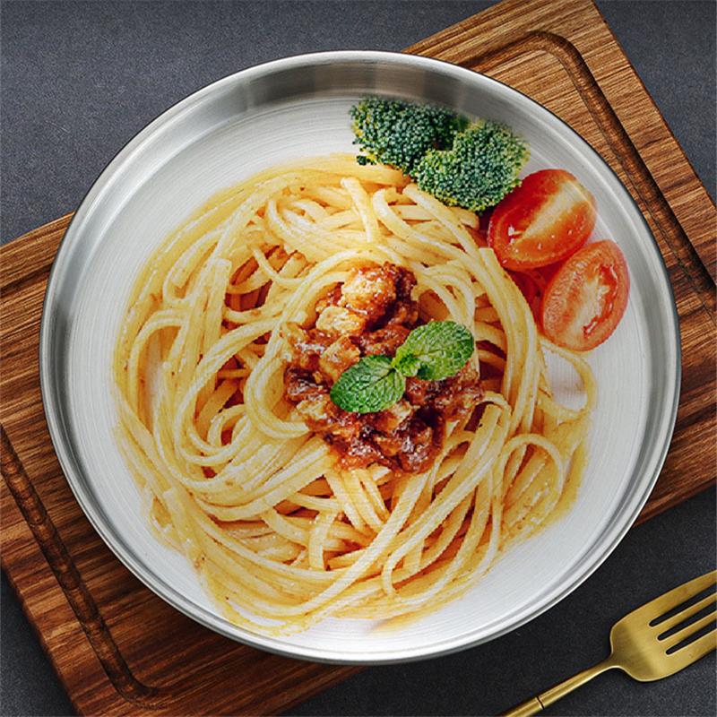 4 Sizes Deep Stainless Steel Meal Trays Round Dish Plates Barbecue Fruit Noodles Salad Mixing Dish Bowl Hotel Kitchen Tableware