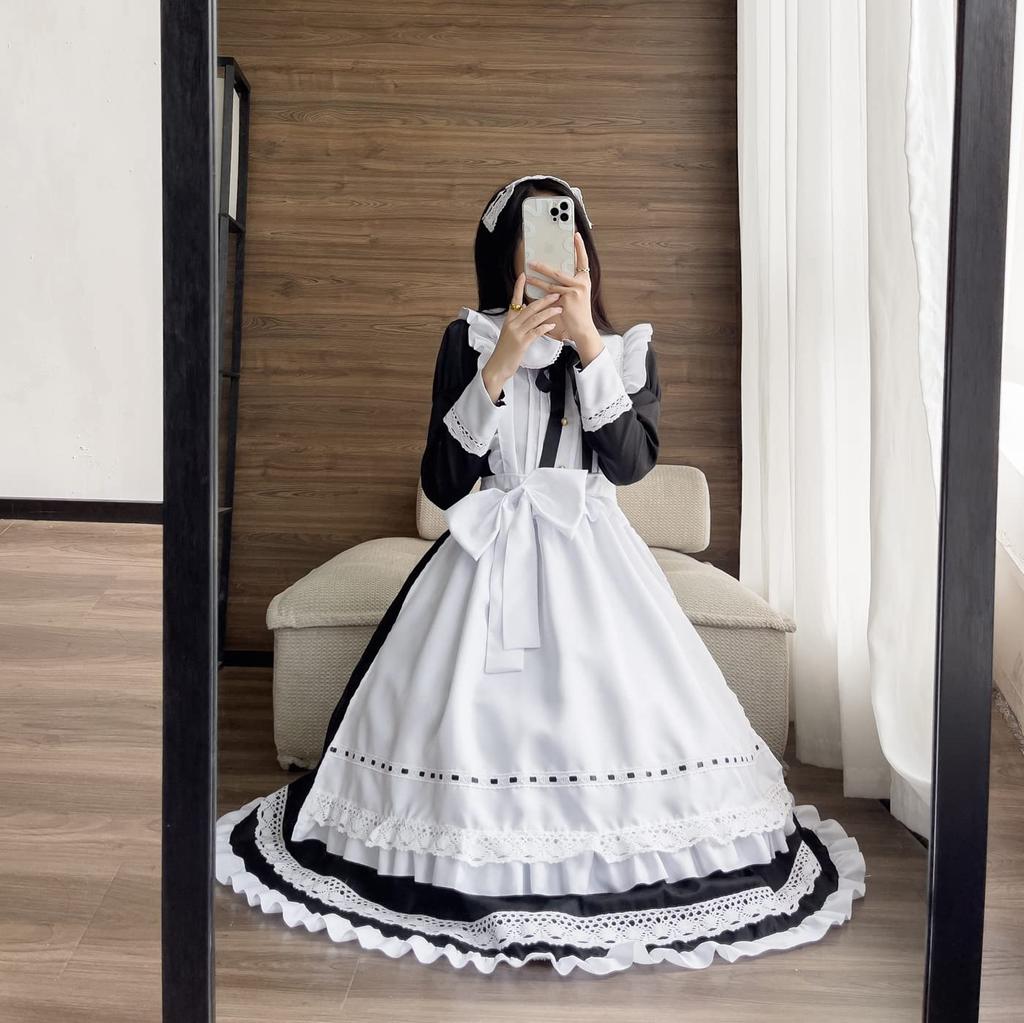 SVNVIOZ Süßes Gothic Lolita Dienstmädchen Authentisch Langarm Cosplay Beliebt für und Enthält Schleife und Set Outfit, Kostüm, Kleid, Halloween, Partys, Veranstaltungen,