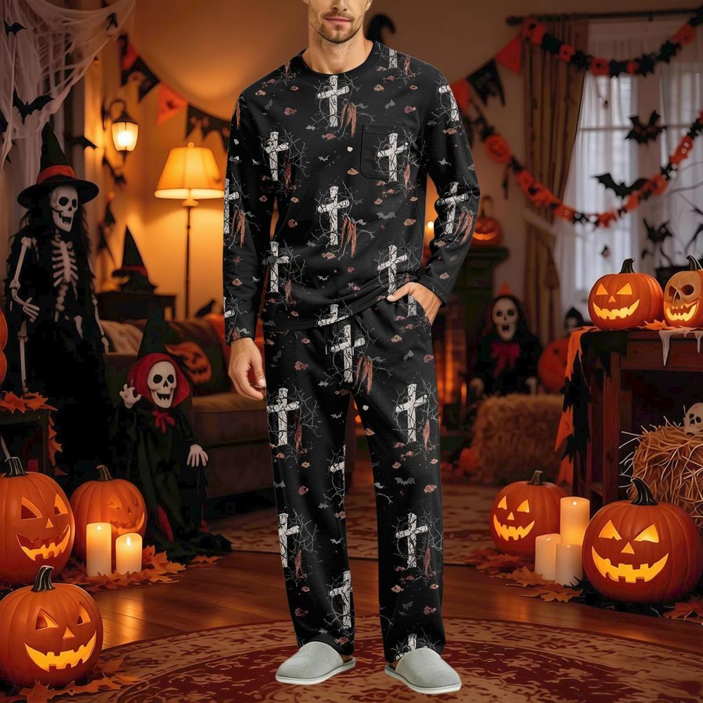 Men's Halloween Pajama Set Long Sleeve Long Pants with Crotch Buttons and Elastic Drawstring Waist