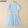 VONDA Summer Women Lapel Neck Short Sleeve Stitching Casual Pleated Dress