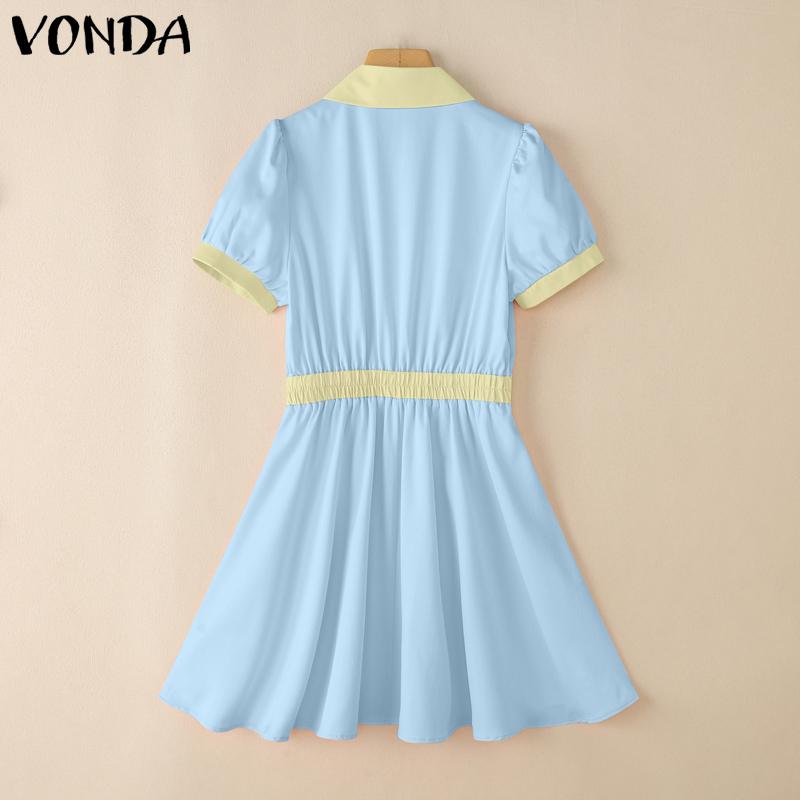 VONDA Summer Women Lapel Neck Short Sleeve Stitching Casual Pleated Dress