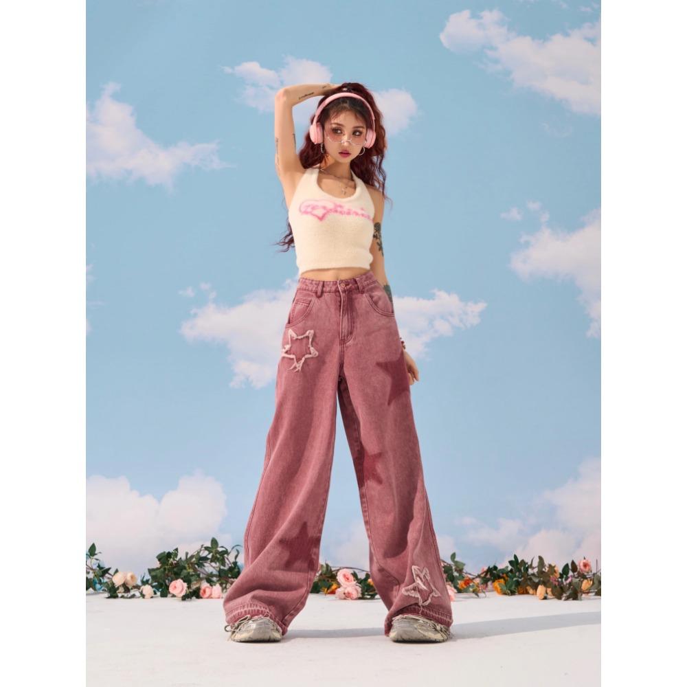 Pink Star Jeans mit geradem Bein für Damen, Sommermode, Design-Feeling, Y2K, lockere und schmale High Street-Jeans mit weitem Bein