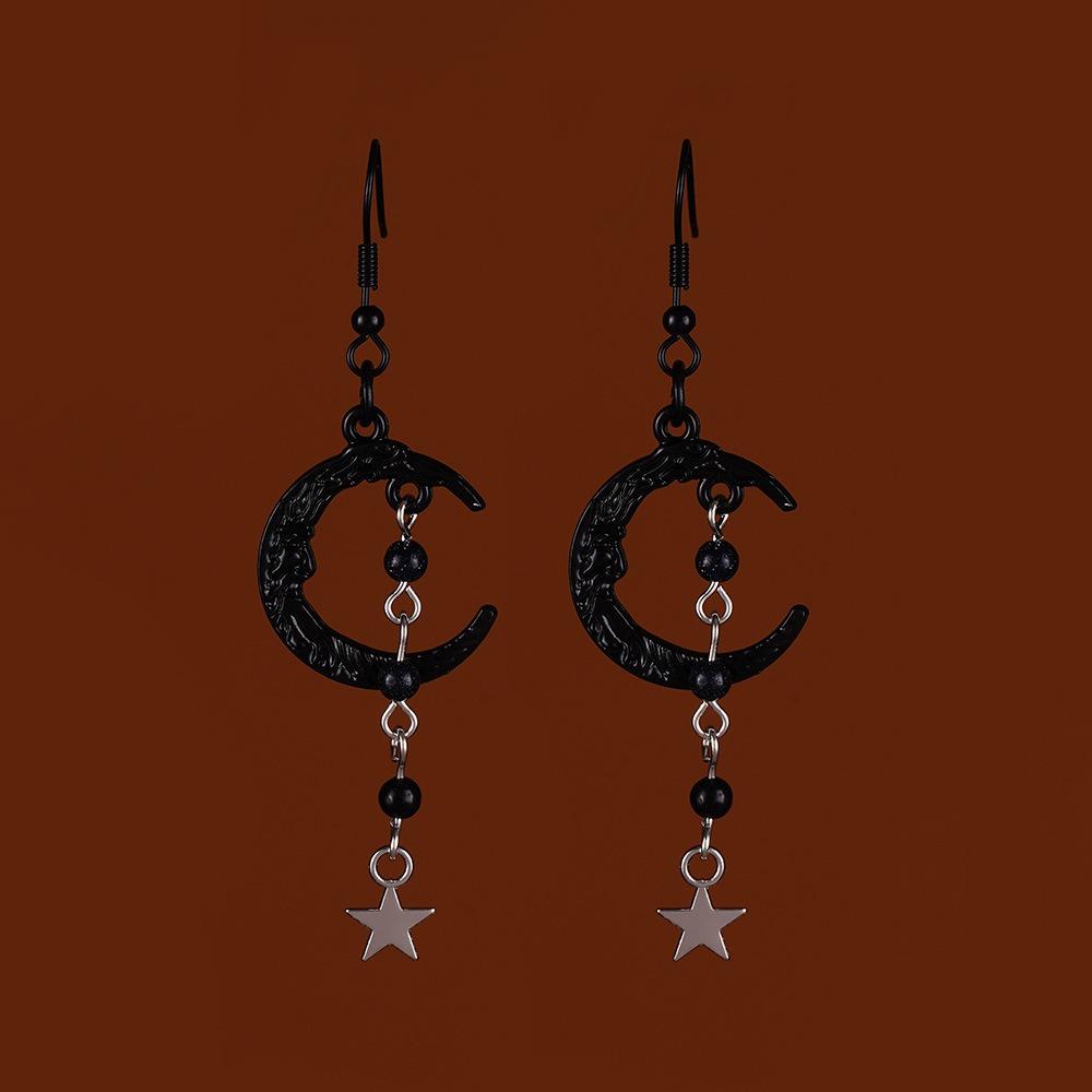 Gothic Retro Black Crescent Purple Crystal Beads Five-pointed Star Tassel Dangle Earrings for Women Hallowmas Party Jewelry Gift