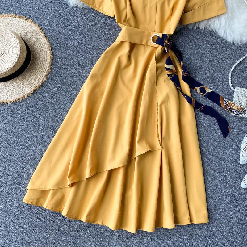 Letnia sukienka biurowa damska w jednolitym kolorze z kołnierzykiem i krótkim rękawem, damska, z paskiem w kształcie wstążki, nieregularna