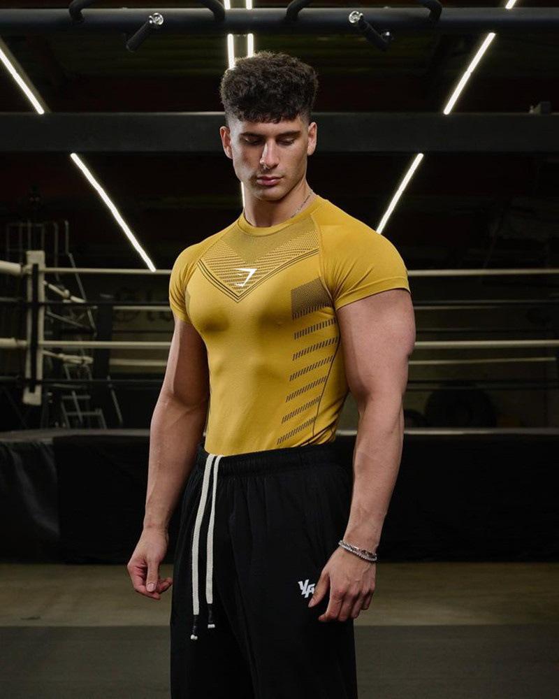 European Men's Cross-Border High Elastic Fitness Bodysuit - Short Sleeve Sports T-Shirt