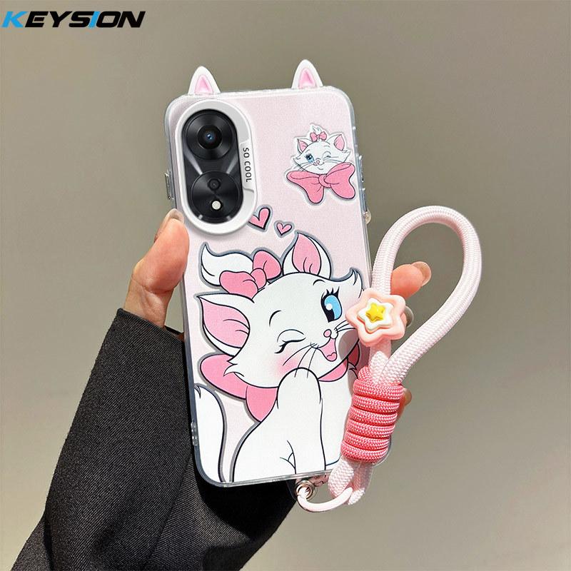 KEYSION Cute Ear Cartoon Case for OPPO A58 4G A38 A18 with Lanyard Soft Silicone+PC Shockproof Phone Back Cover for OPPO A17 A17K