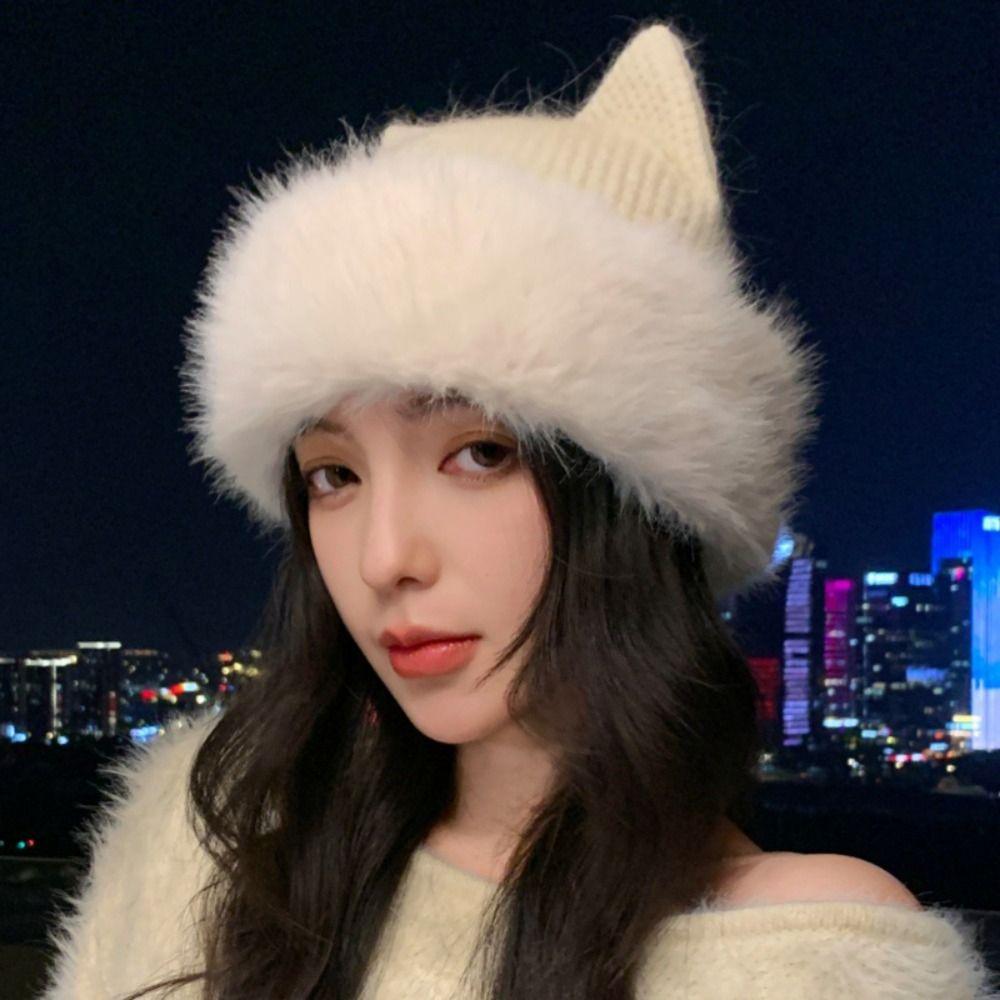 Plush Cat Ear Beanie Warm Knitted Winter Cap New Winter Beanie Outings