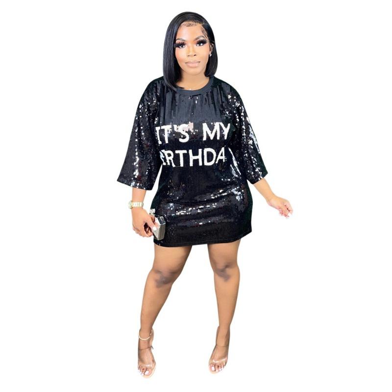 Plus Size Women's Fashion Round Neck Half Sleeve Loose Beaded Printed Nightclub Dress