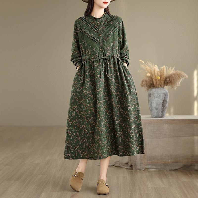 long sleeve Plus size Cotton linen vintage floral new in dresses for women casual loose long spring autumn dress