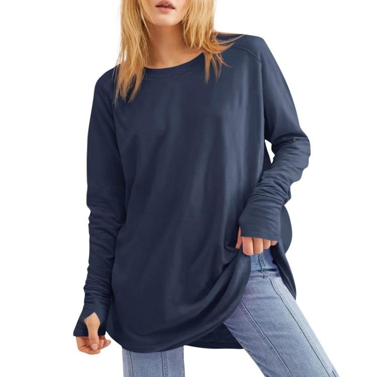 Loose Long Sleeve T Shirt Women Solid Round Neck Medium Top Thumb Hole