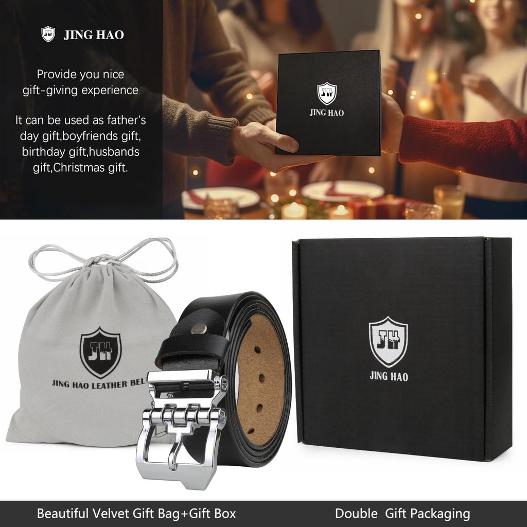 JingHao Plus Size Genuine Leather Stylish Casual Jeans Work Belt in Brown Regular and Large Sizes Length Black Men's Belt, Belt, Belt, & Black,