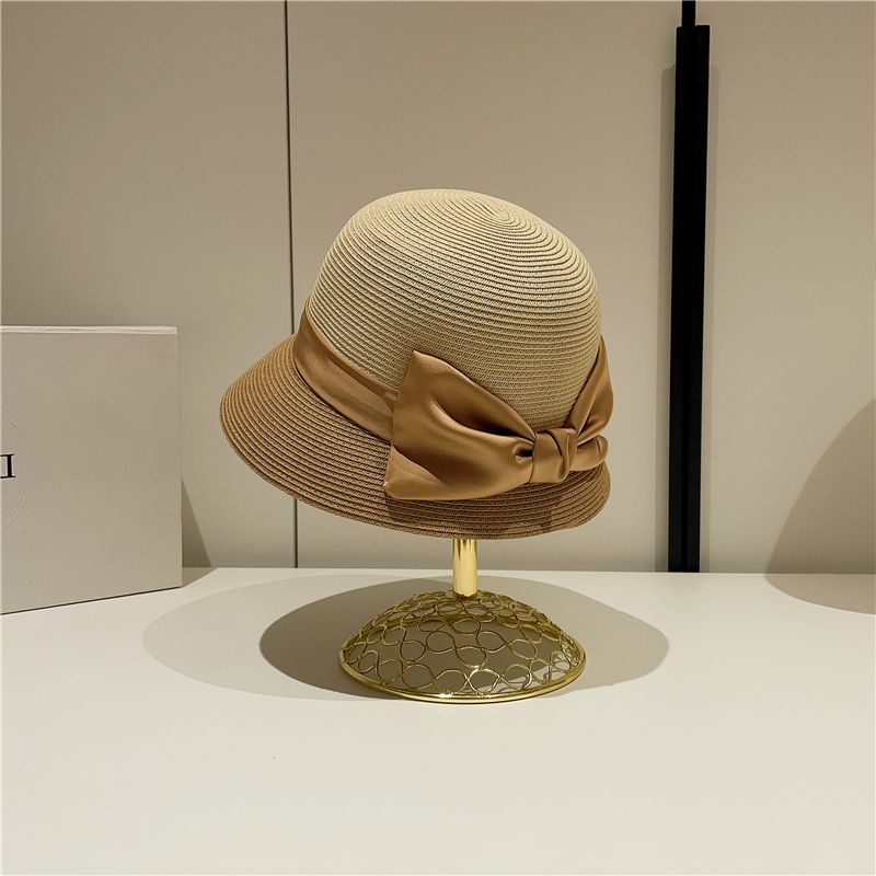 Ladies French Elegant Satin Big Bow Color Matching Straw Hat Retro Top Hat Bucket Hat Sunshade Sun Protection Beach Hat
