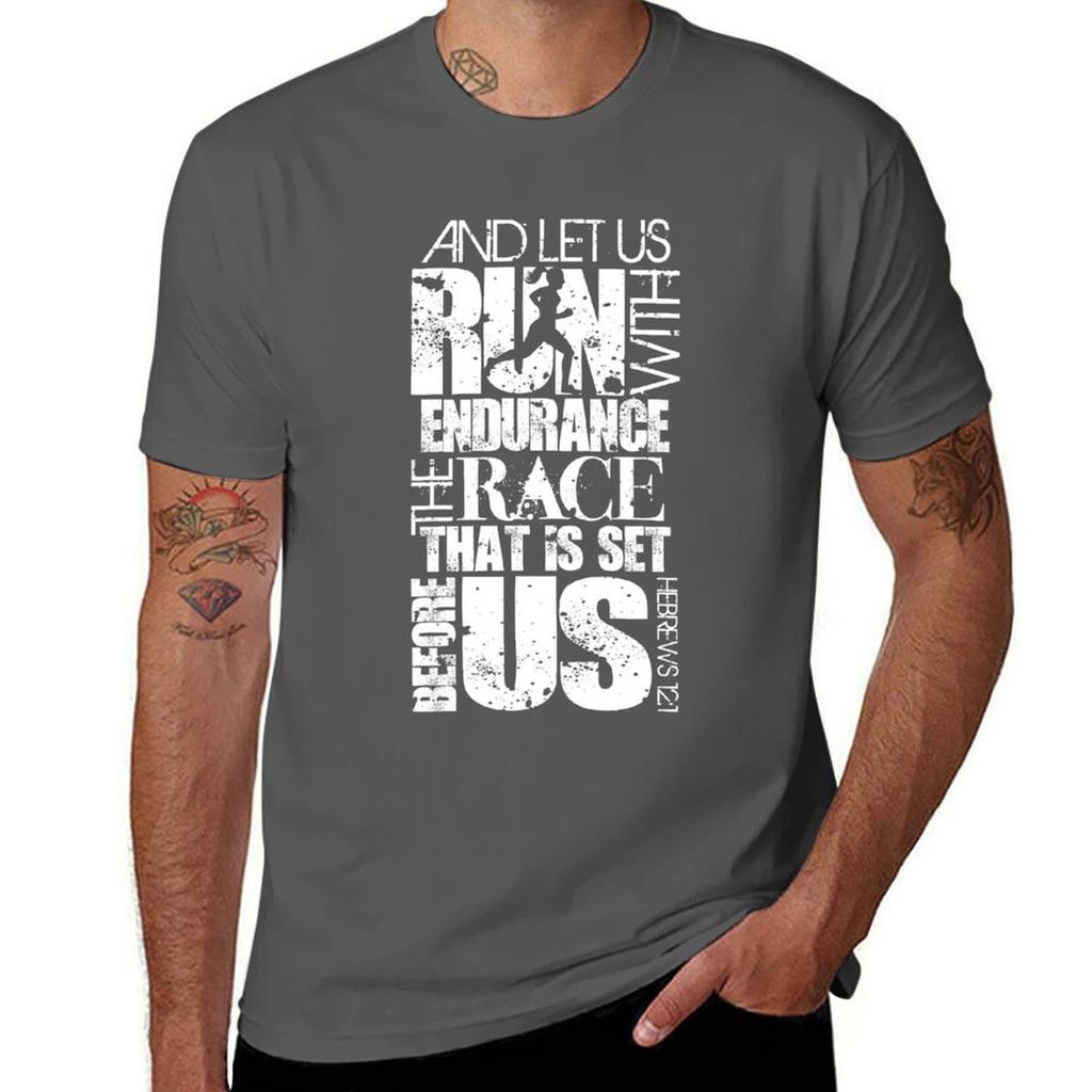 HEBREWS 12:1 RUN/RACE VERSE (WHITE) T-Shirt man t shirts for men man t shirt cotton high quality T-Shirt