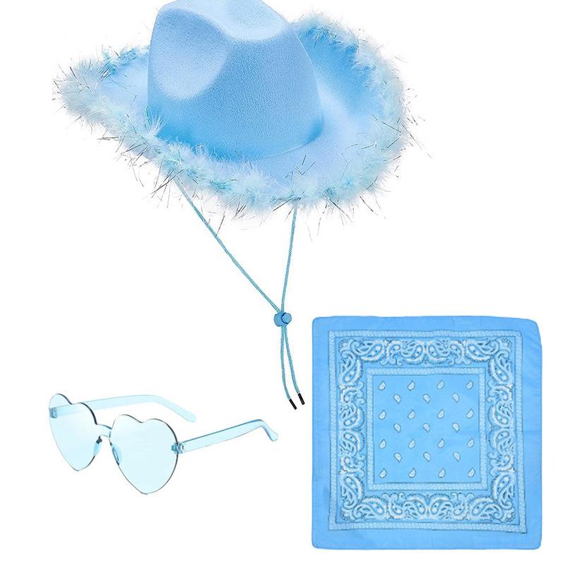 Feather Edge Letter Cowboy Hat Sequins Pink Western Rough Edge Cowboy Hat Glasses Square Towel Three-piece Set