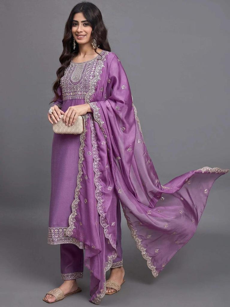 Conjunto de Kurta Pantalón Dupatta Bordado de Rayón para Mujer Top Túnica India Bollywood Traje Salwar