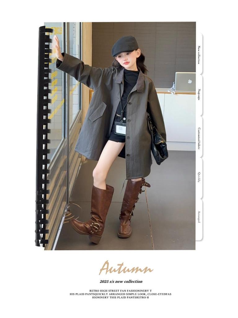 Mädchen Midilanger Trenchcoat: 2025 Frühling/Herbst Koreanischer Stil für Kinder - Lockerer, lässiger Schnitt