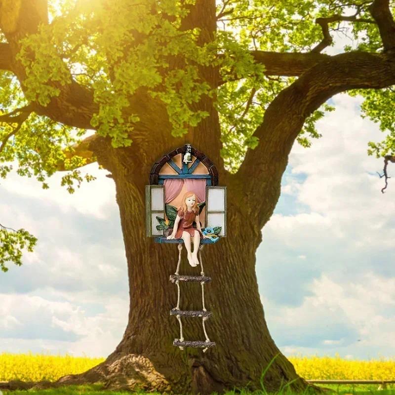 Home Garden Decor Fairy House Tree Hanging Sculpture Window Ladder Resin Statue Figurine Outdoor Ornament Yard Art Decor