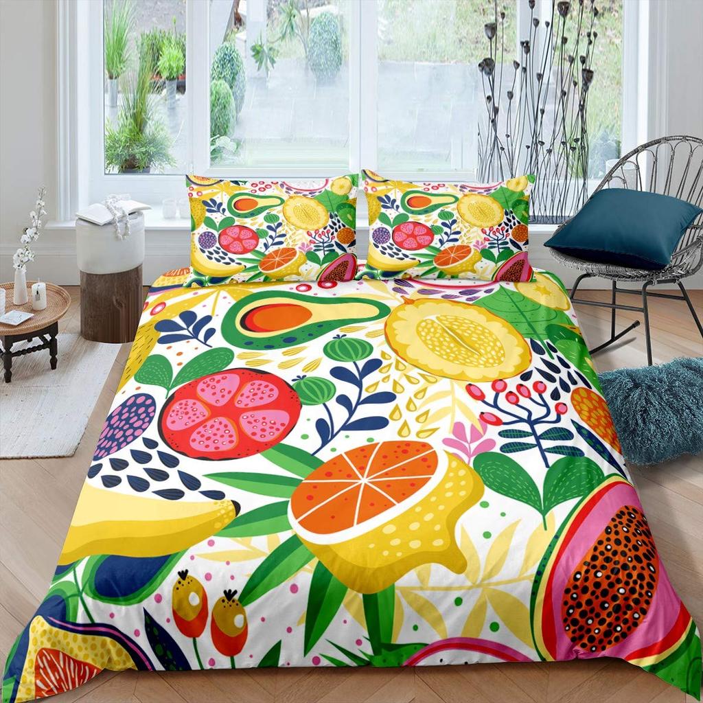 Lemon Fruit King Queen Duvet Cover Summer Cartoon Vegetable Plant Bedding Set For Kids Teens Adults Papaya Polyester Quilt Cover