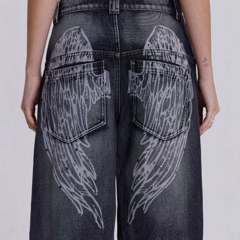 Women's Mid-waist Wing Pattern Printed Jeans, American Retro Style, Straight-leg Casual Pants for Hot Girls