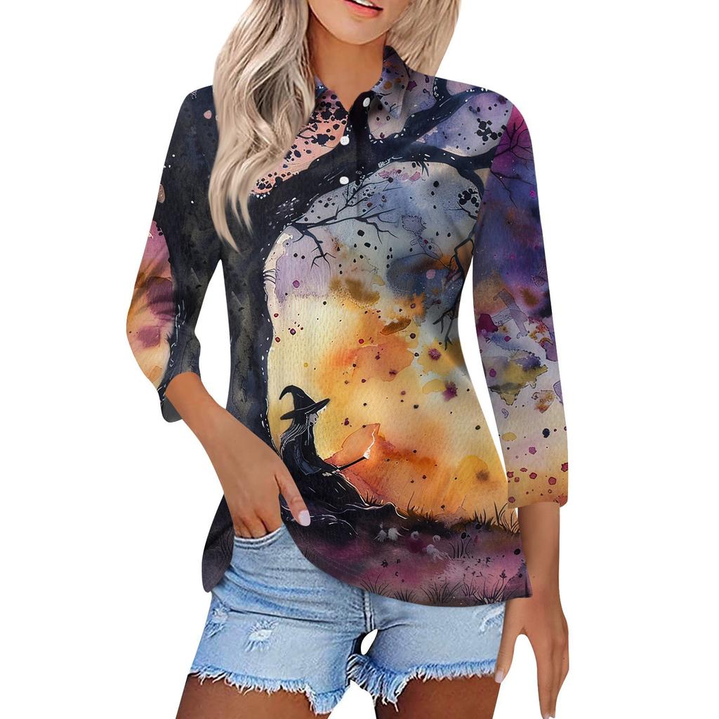 Women's Fashion Casual Lapel Short 3/4 Sleeve Halloween Print Shirt Women's Button Up Tops