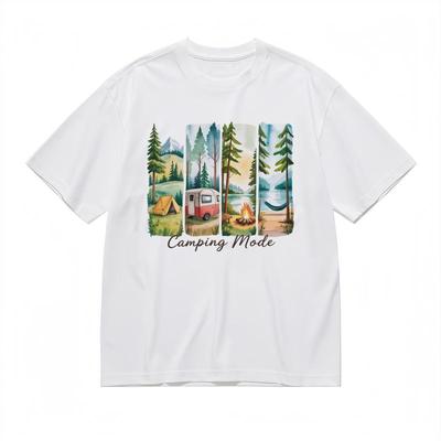 Camiseta Clásica de Moda para Hombre para Todas las Estaciones con Diseño de Tienda de Campaña junto al Lago y Fogata