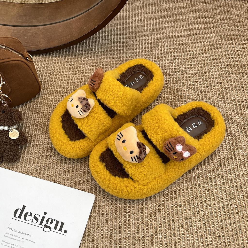 Cute cartoon black non-slip thick-soled fluffy slippers for women's outer wear 2025 new autumn and winter versatile soft bottom one-word drag