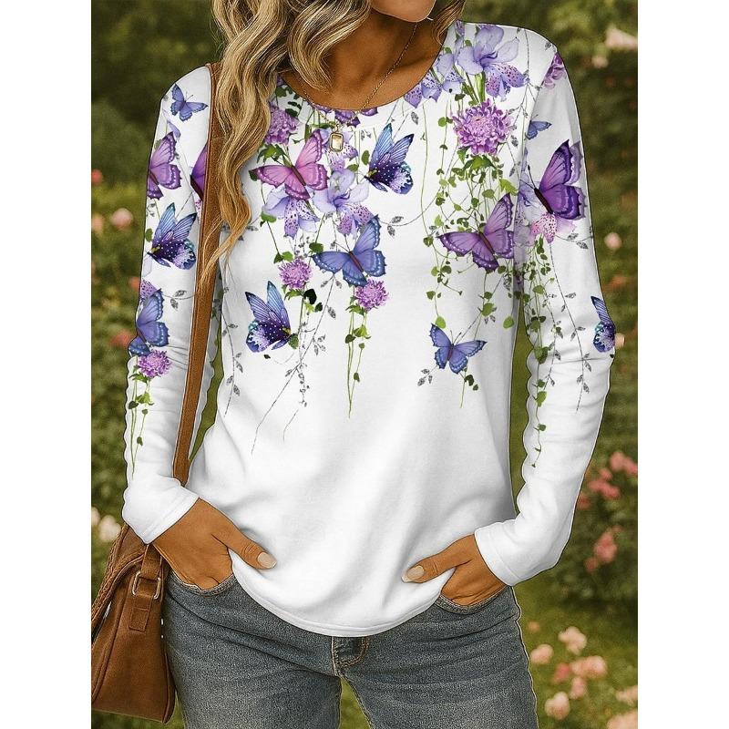 Women's 3D Butterfly Print T-shirt Fashion Long Sleeve Round Neck Regular Tops Holiday Weekend Spring and Autumn
