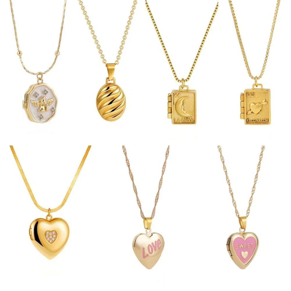 Stainless Steel Photo Frame Necklace Moon Sun Couple Choker Chain Heart Photo Pendant  Jewelry