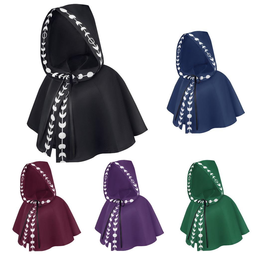 Halloween Cloack Medieval Hooded Cloack with Hat Wizard Cosplay Shoulder Cape Crop Tops Costume Accessories