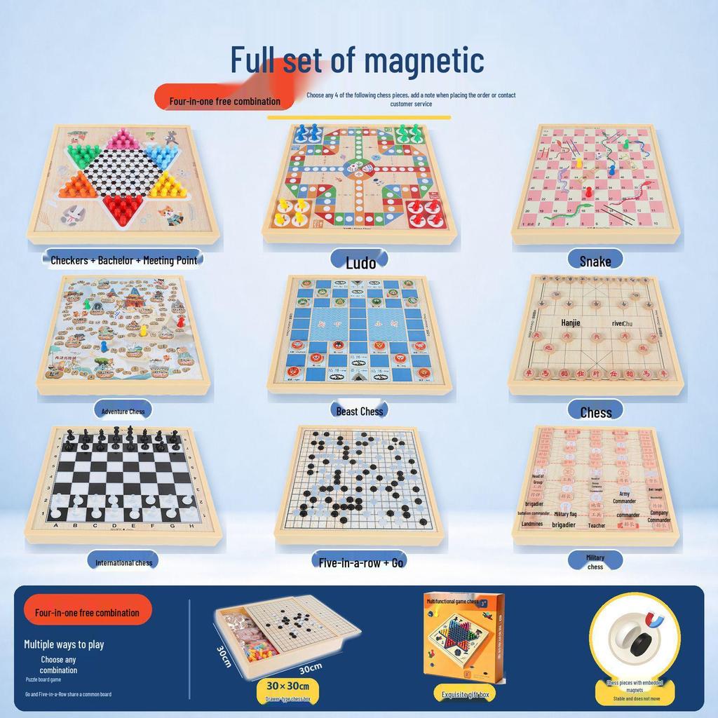 5-in-1 Magnetic Board Game Set: Go-Moku, Five-in-a-Row, Flying Chess, Checkers, and Beast Fighting Chess for Children