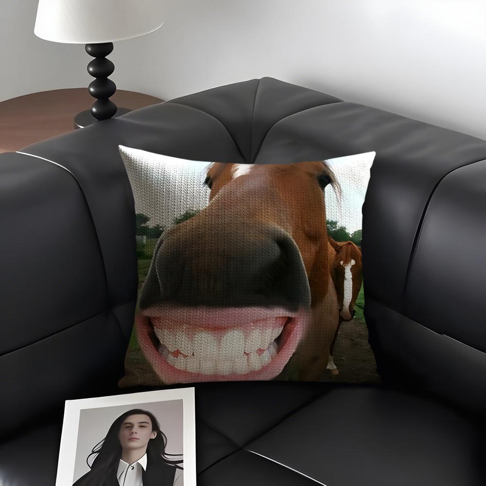 Funny Expressions Horse Cushion Cover Natural Linen Organic Fabric Double-Sided Printing Sofa Home Decor Gift Pillow Case