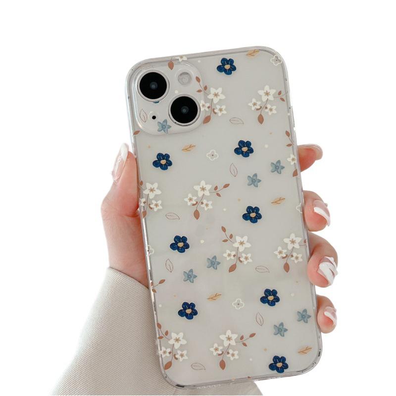 Blue and White Floral Pattern Transparent Soft Phone Case for iPhone 16/15/14/13/12/11/X - European and American Style