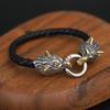 Echtes Leder Explosiver Stil Nordische Wikinger Mythologie Goldener Edelstahl Wolfskopf Armband Herrenschmuck 